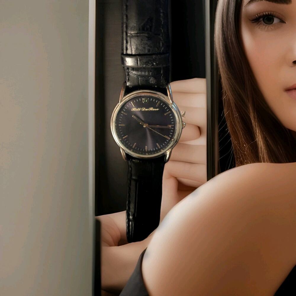 Bill DuRose Wrist Watch - Black Gold Layout - 12 O'clock Emerald - Leather Band